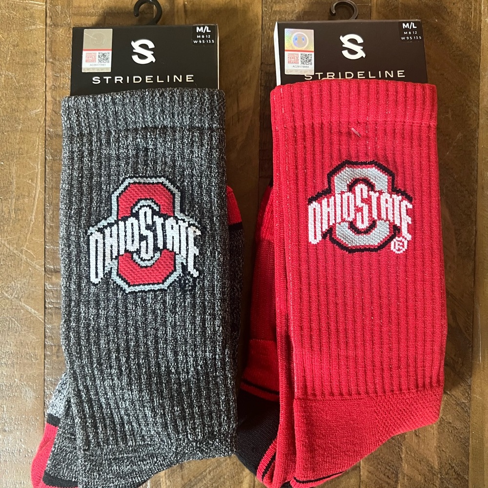 Ohio State University Strideline Socks M/L , New OSU Crew Socks, 2 pairs!